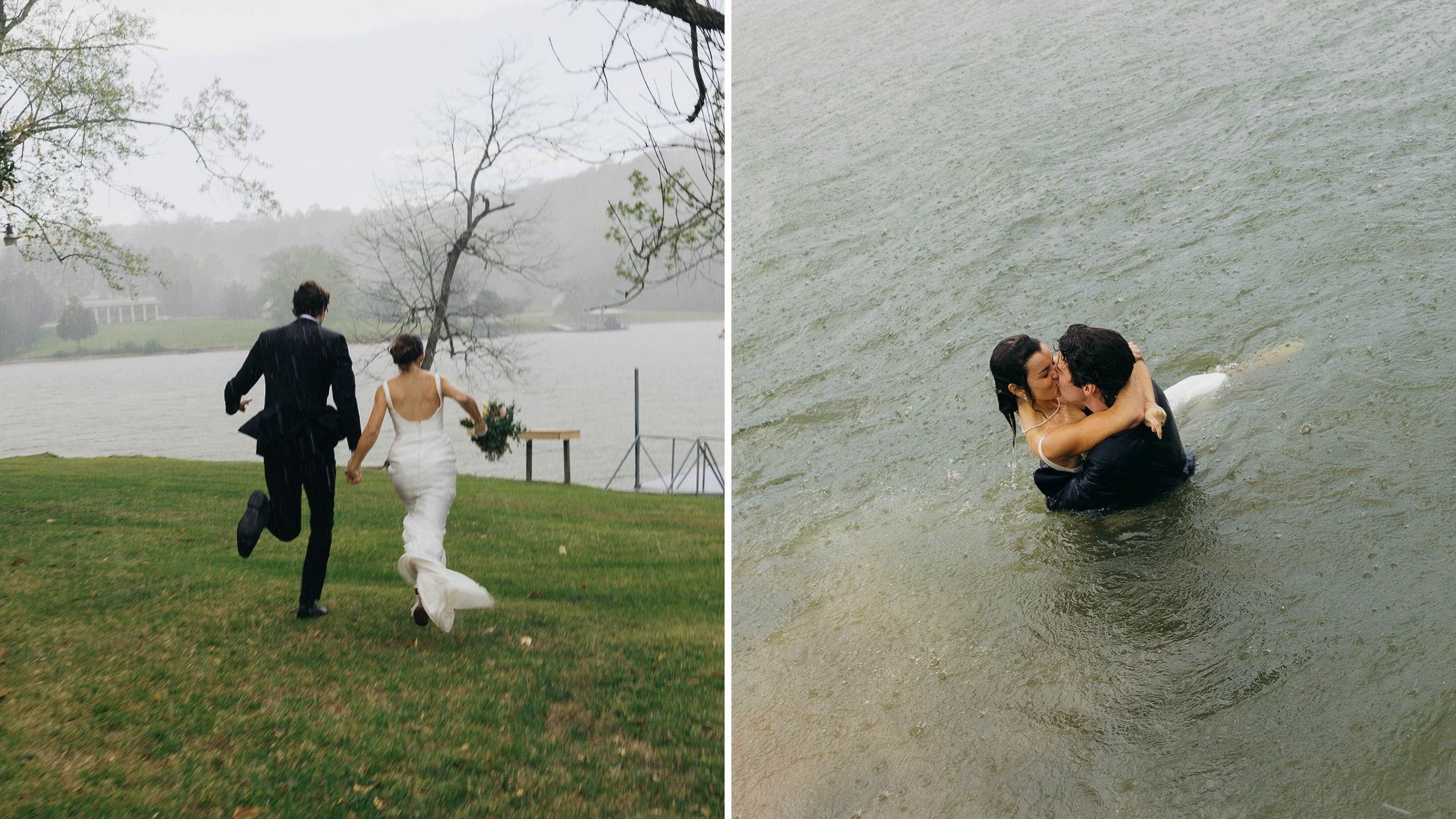 Bride And Groom Who Got Caught In Downpour At Wedding Celebrate By Jumping In Lake