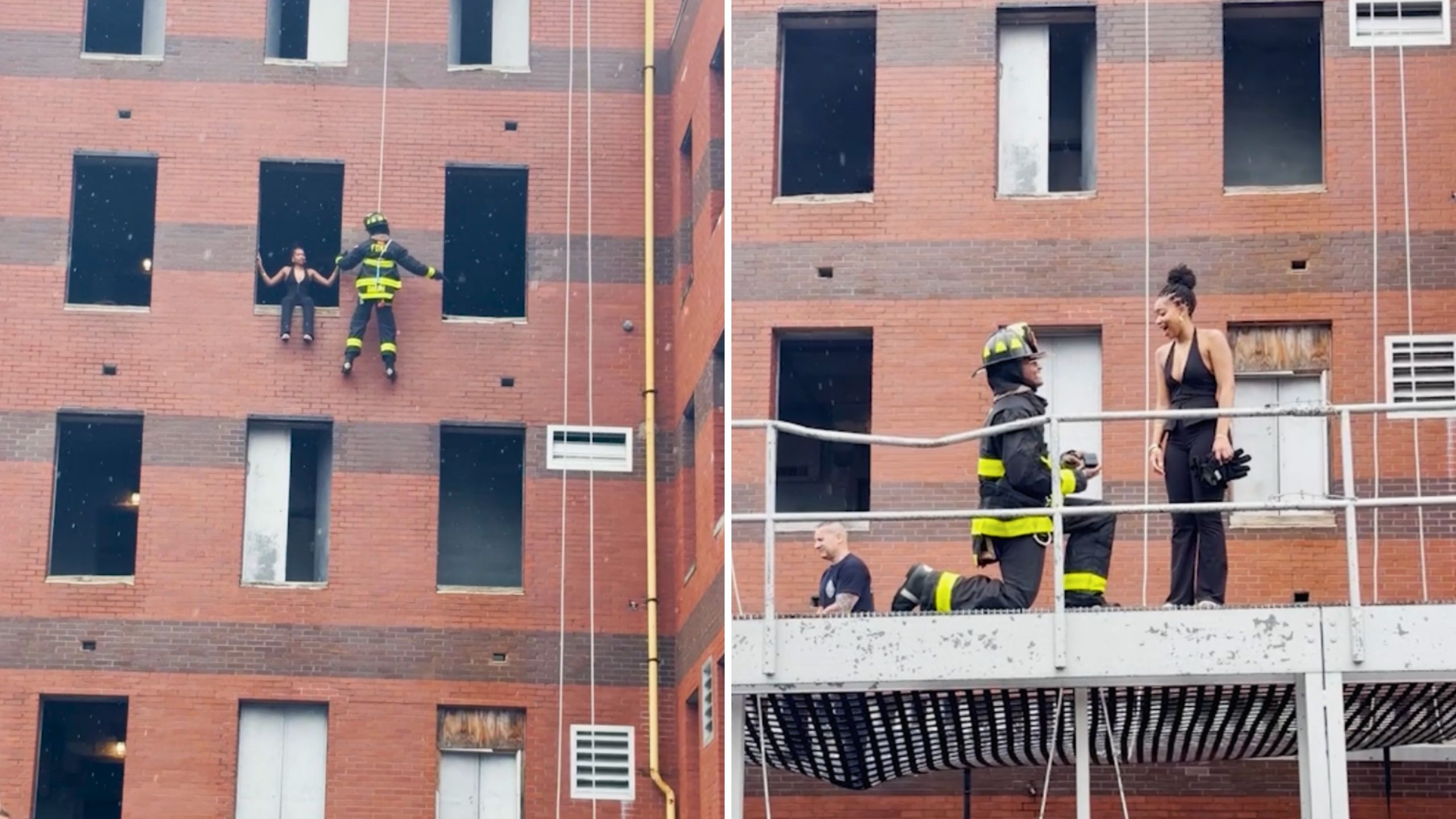 Firefighter Rappels Building To "Rescue" Girlfriend Before Surprise Proposal